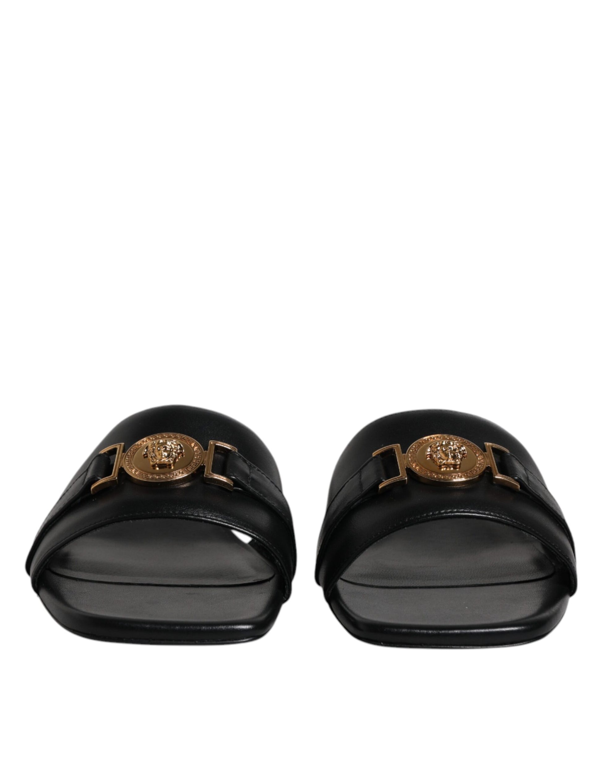 Versace Black Leather Logo Plaque Slip On Slides Flats Shoes - ACCEXO