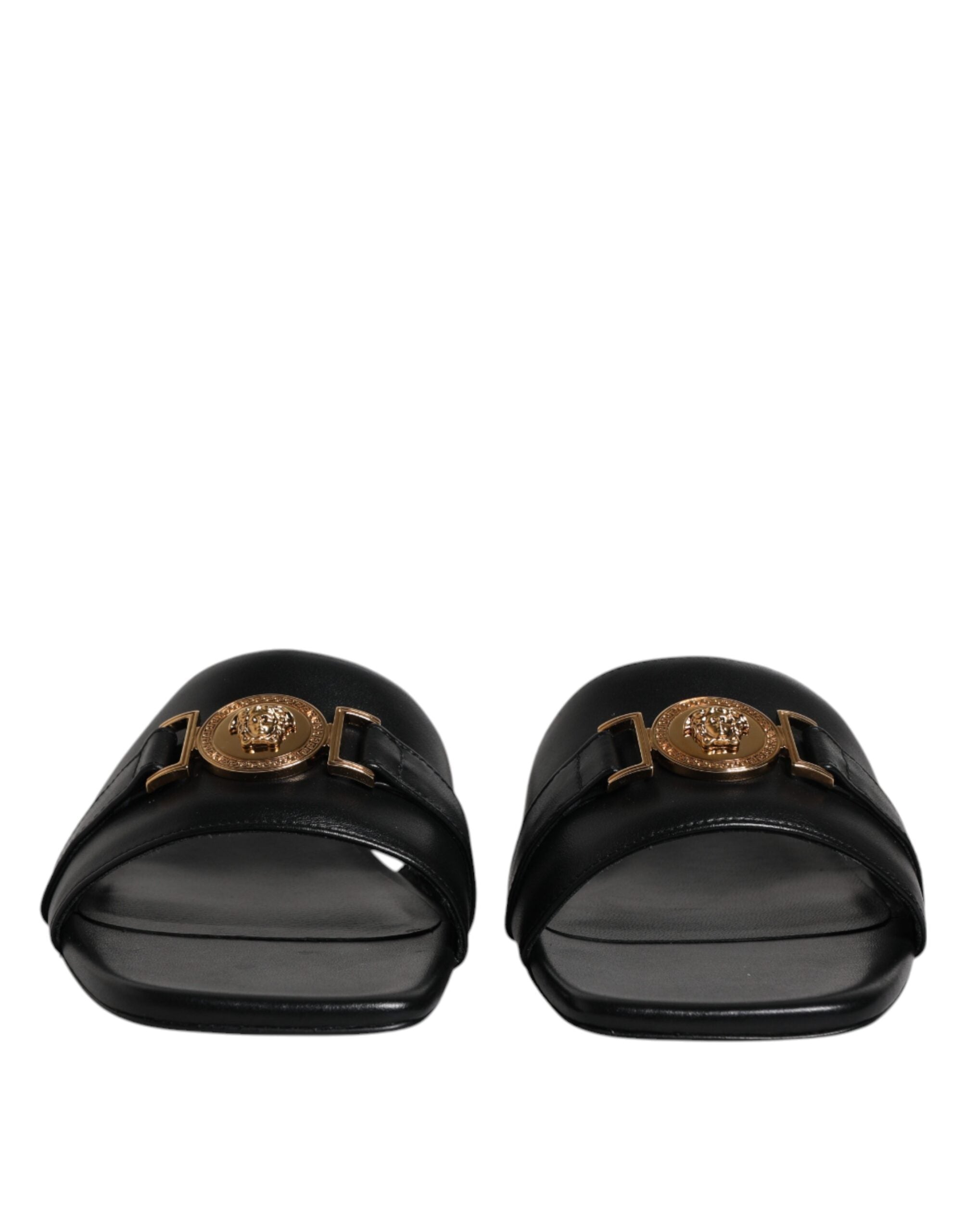 Versace Black Leather Logo Plaque Slip On Slides Flats Shoes - ACCEXO
