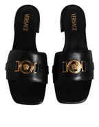 Versace Black Leather Logo Plaque Slip On Slides Flats Shoes - ACCEXO