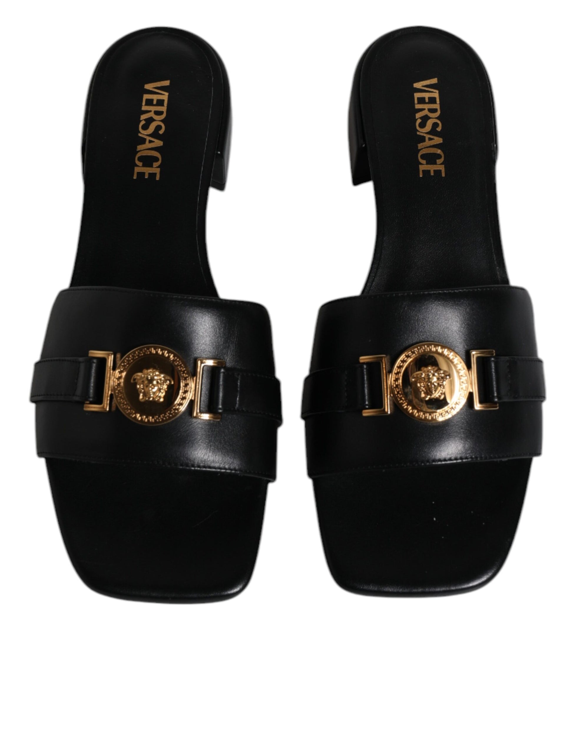 Versace Black Leather Logo Plaque Slip On Slides Flats Shoes - ACCEXO