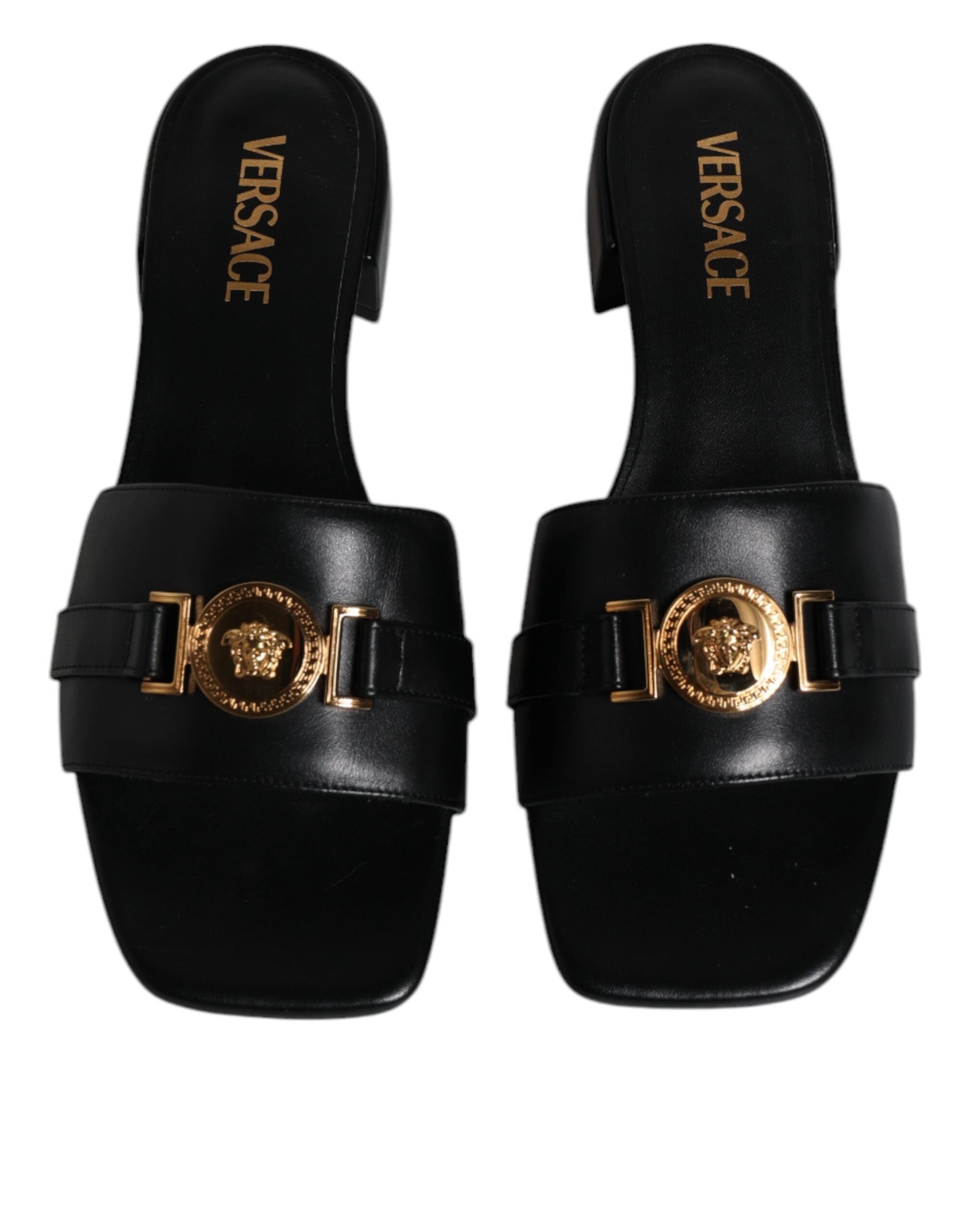 Versace Black Leather Logo Plaque Slip On Slides Flats Shoes - ACCEXO