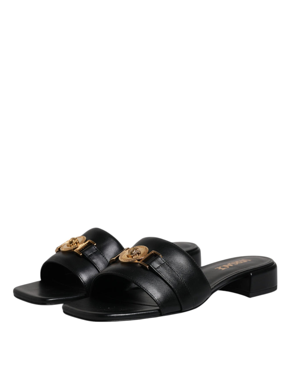 Versace Black Leather Logo Plaque Slip On Slides Flats Shoes - ACCEXO