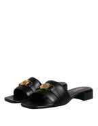 Versace Black Leather Logo Plaque Slip On Slides Flats Shoes - ACCEXO