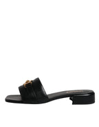 Versace Black Leather Logo Plaque Slip On Slides Flats Shoes - ACCEXO