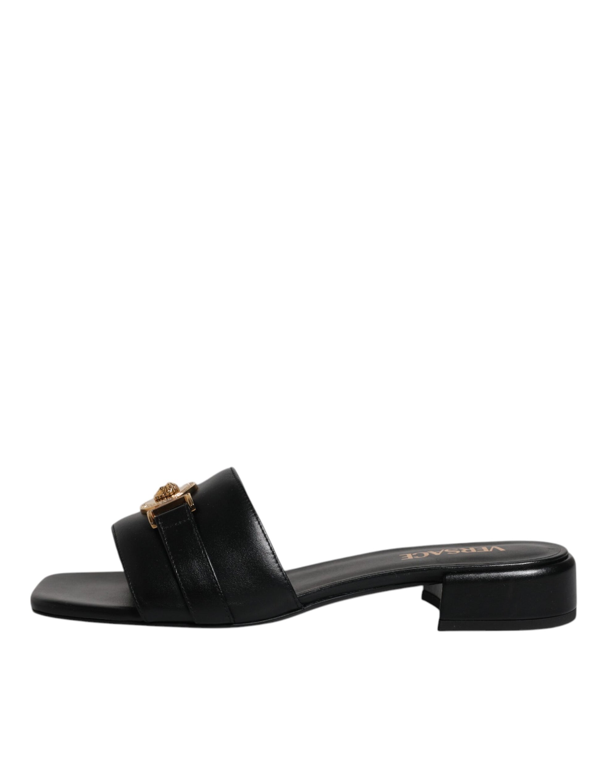 Versace Black Leather Logo Plaque Slip On Slides Flats Shoes - ACCEXO