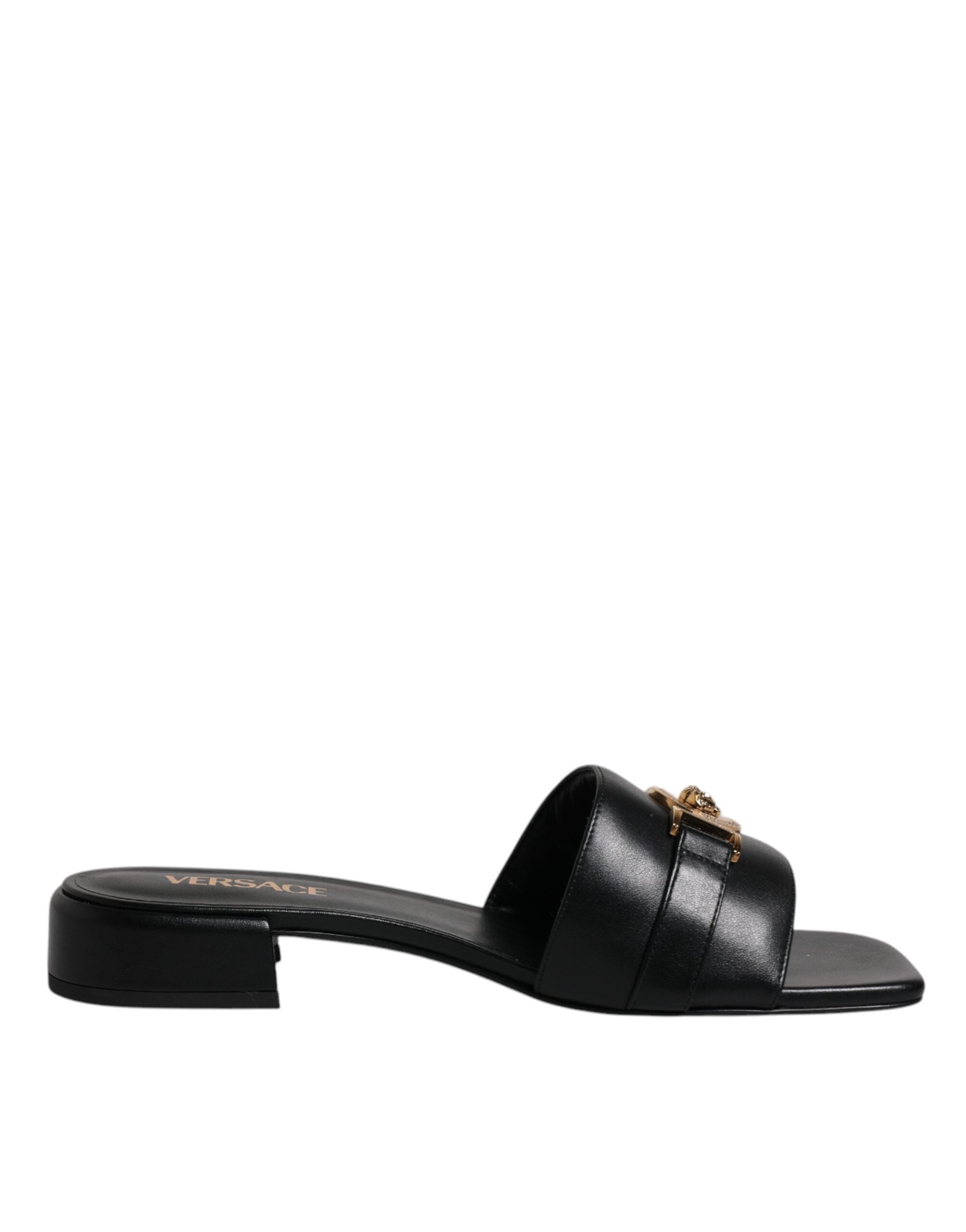 Versace Black Leather Logo Plaque Slip On Slides Flats Shoes - ACCEXO Main image
