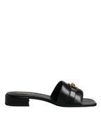 Versace Black Leather Logo Plaque Slip On Slides Flats Shoes - ACCEXO
