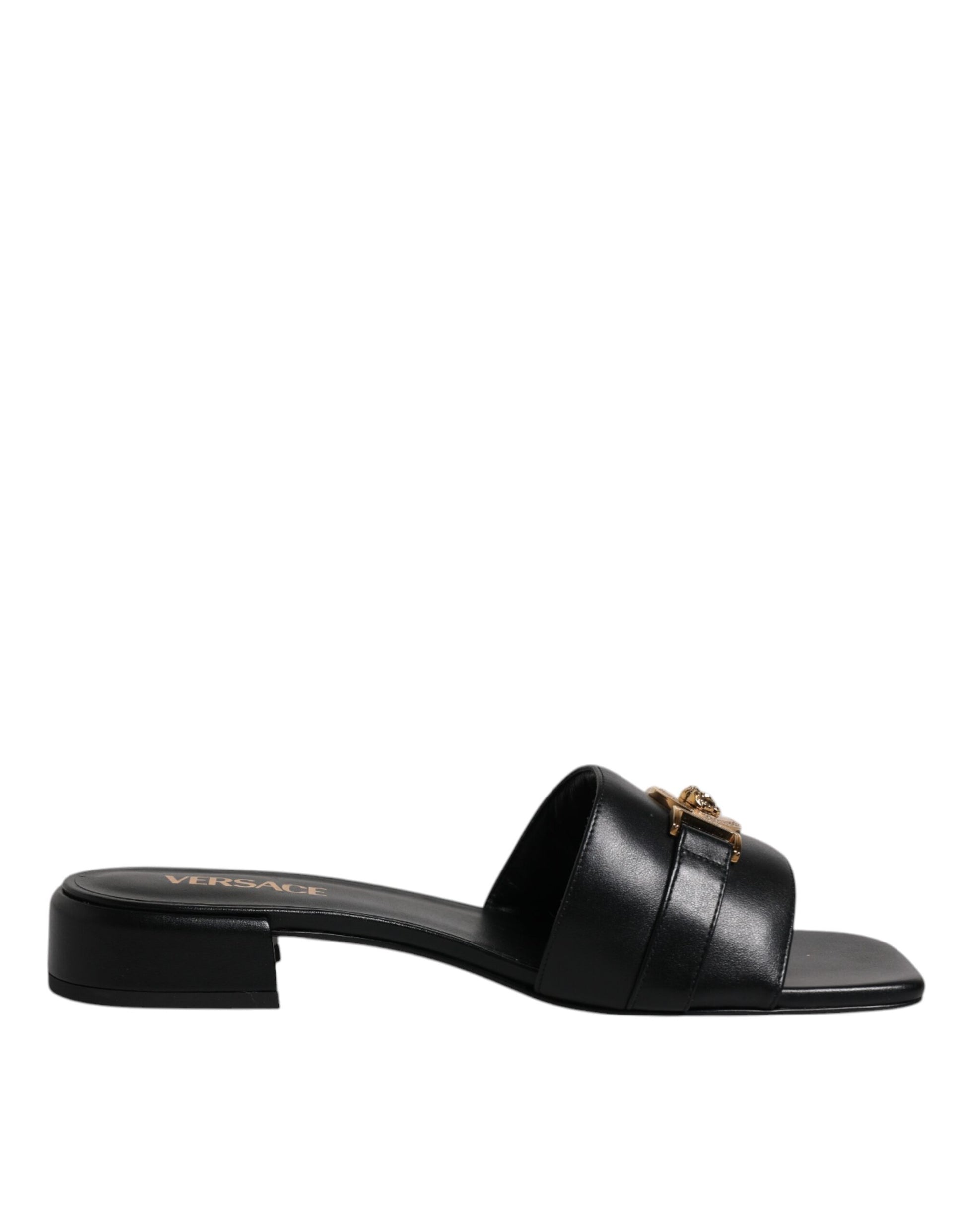 Versace Black Leather Logo Plaque Slip On Slides Flats Shoes - ACCEXO