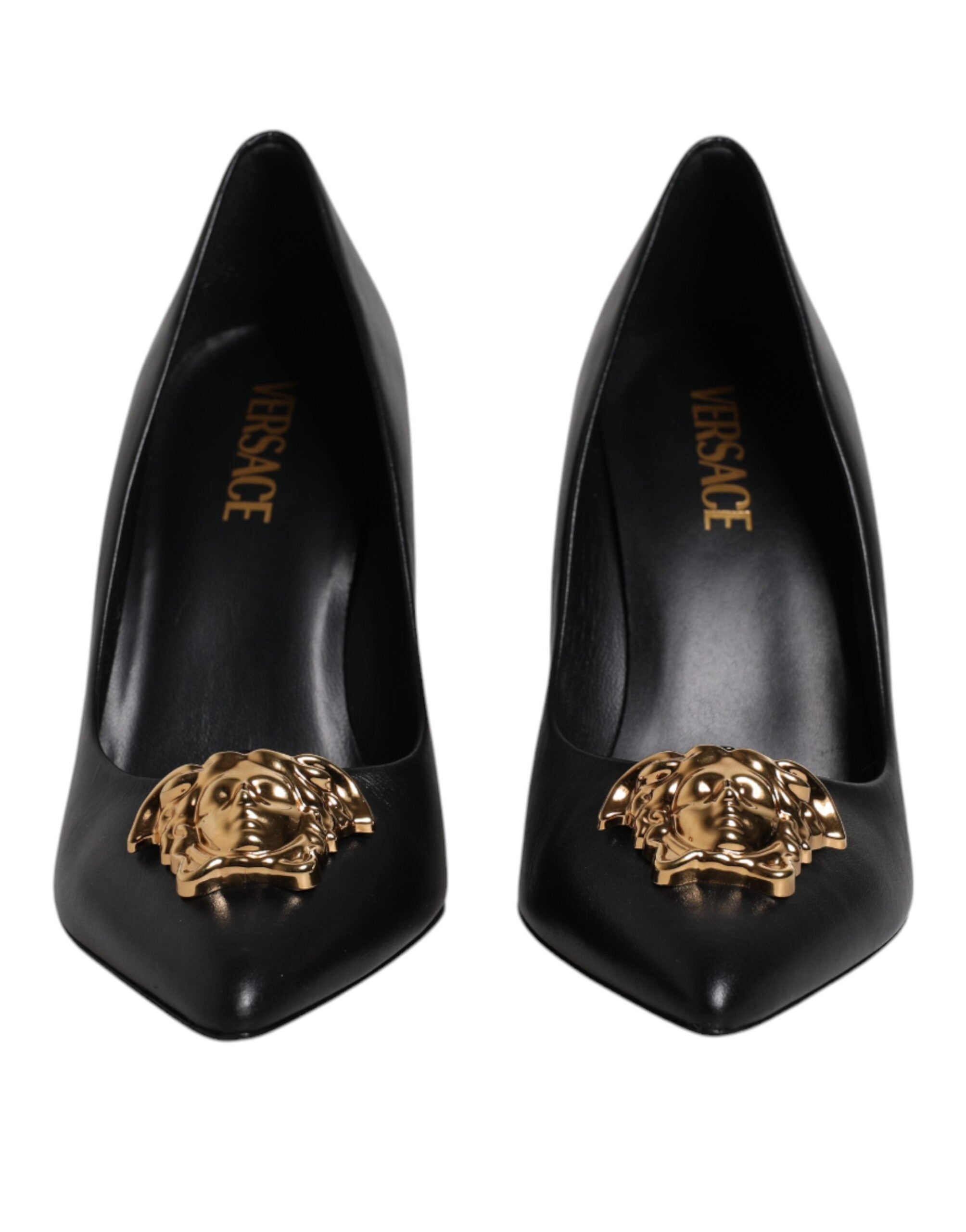 Versace Black Leather Logo Plaque High Heels Pumps Shoes - ACCEXO