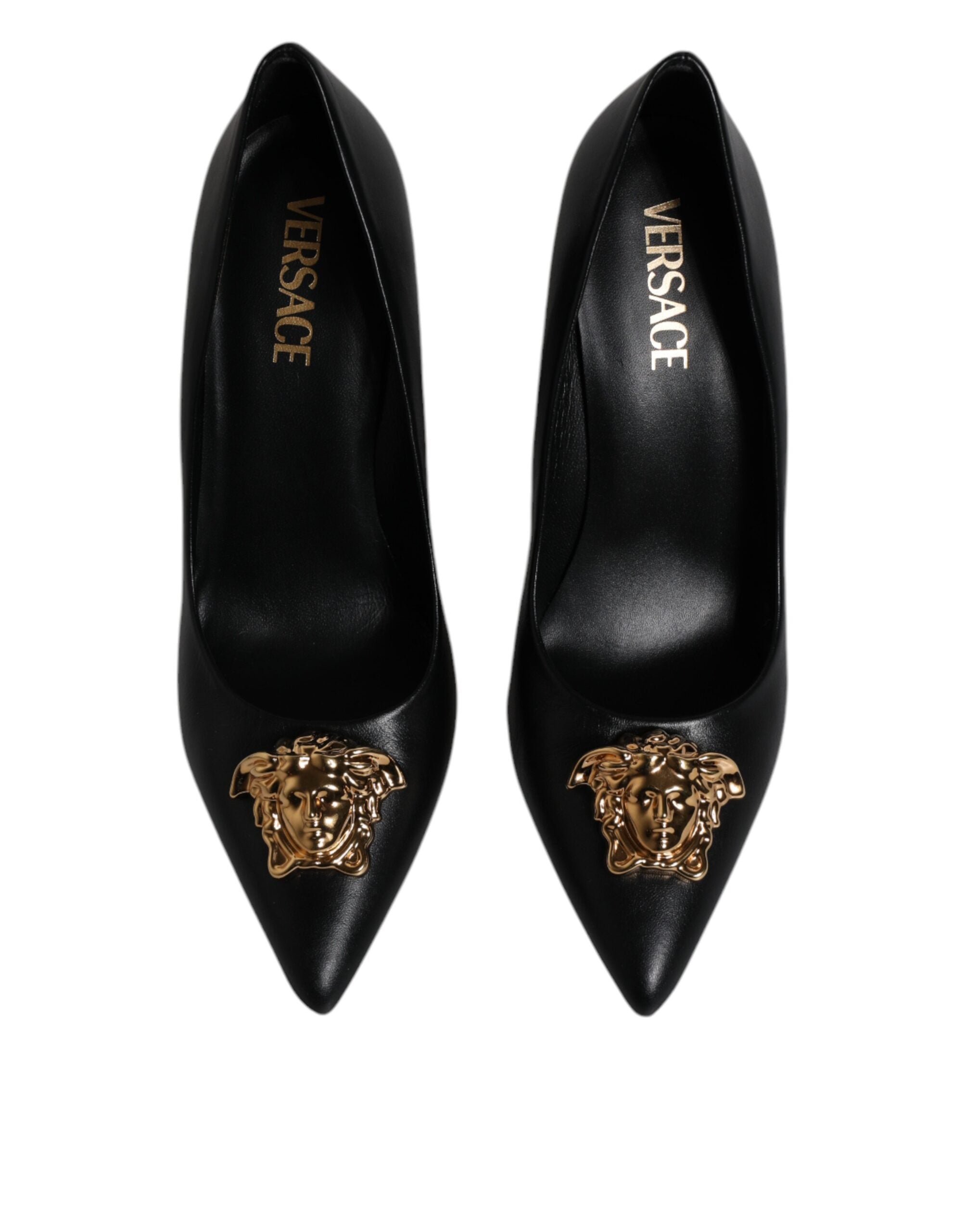 Versace Black Leather Logo Plaque High Heels Pumps Shoes - ACCEXO