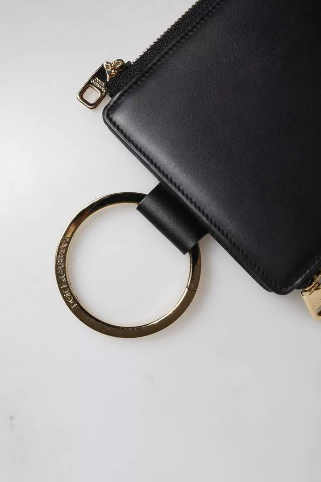Dolce & Gabbana Black Leather Logo Plaque Neck Strap Card Coin Wallet for Women
