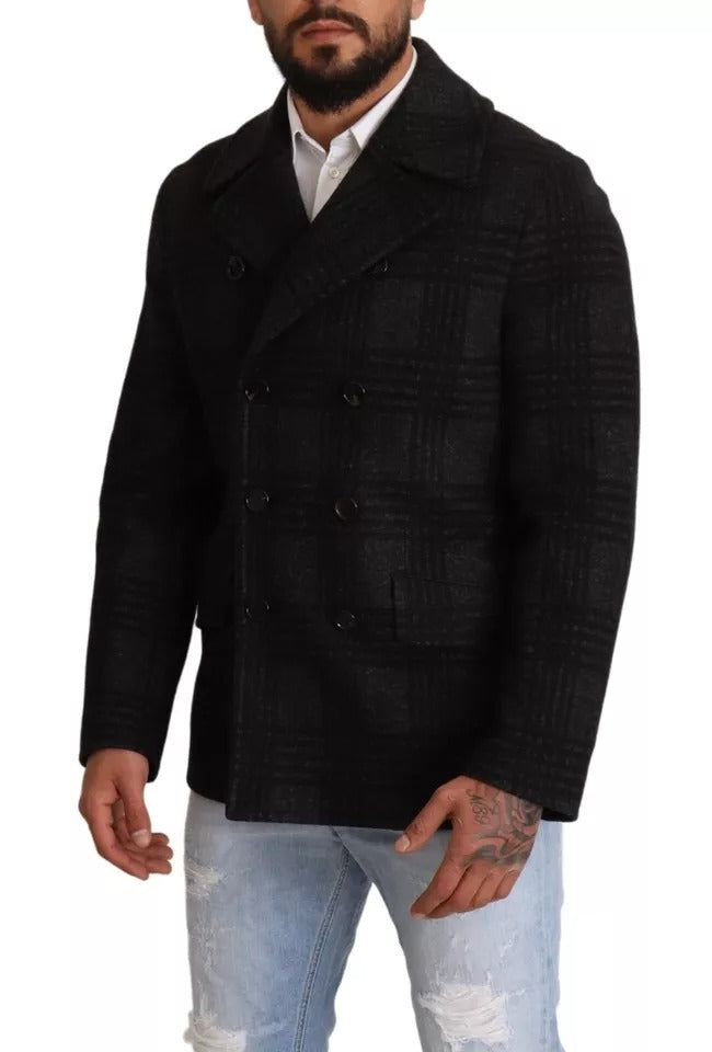 Dolce & Gabbana Black Trench Coat Check Wool Jacket for Men