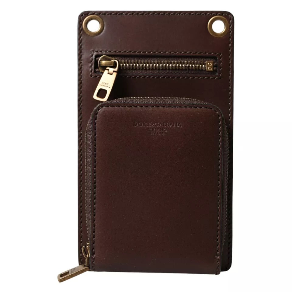 Dolce & Gabbana Brown Calf Leather Zip Logo Shoulder Neck Strap Wallet - ACCEXO