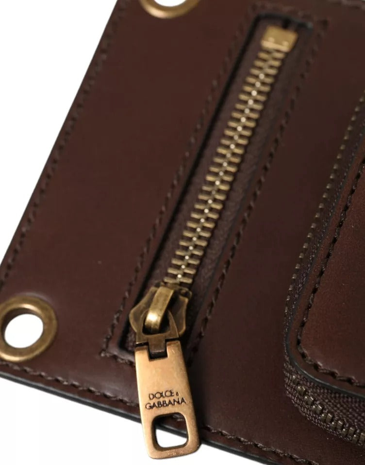 Dolce & Gabbana Brown Calf Leather Zip Logo Shoulder Neck Strap Wallet - ACCEXO