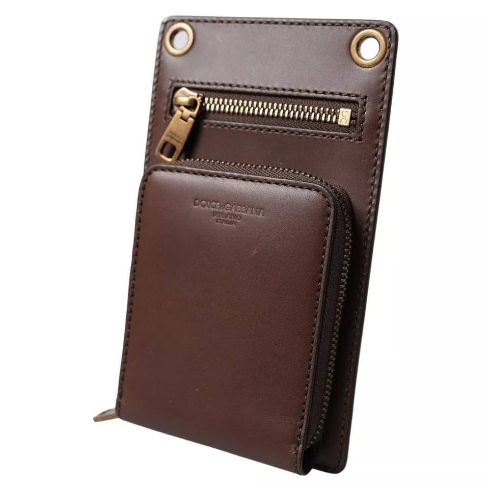 Dolce & Gabbana Brown Calf Leather Zip Logo Shoulder Neck Strap Wallet - ACCEXO