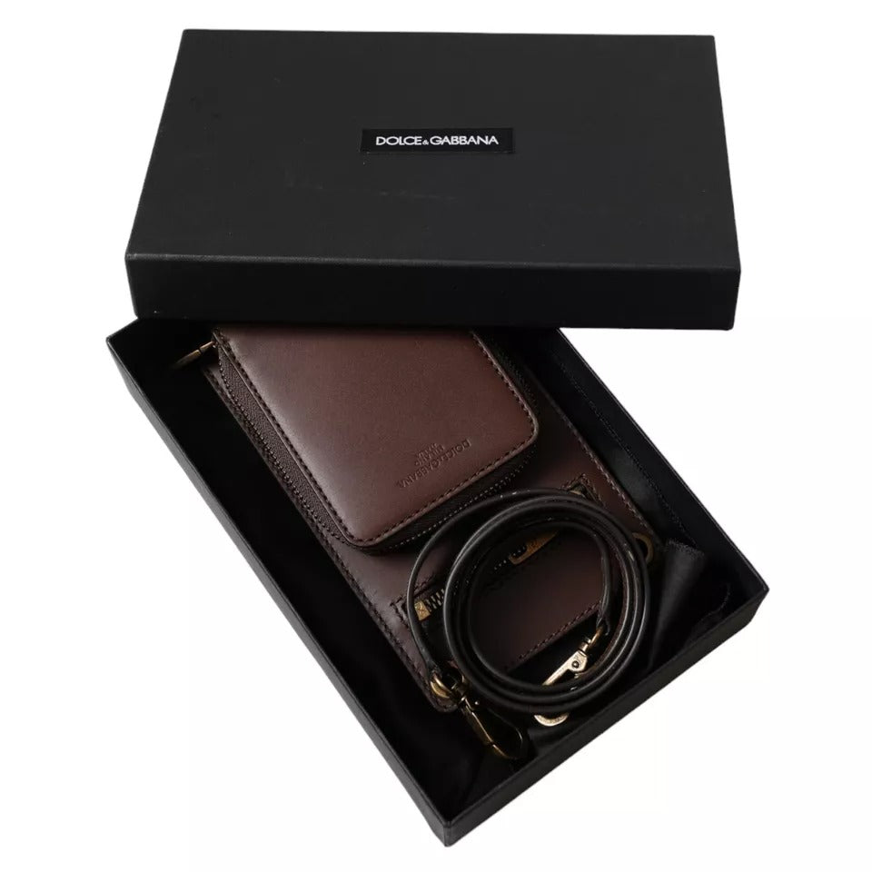 Dolce & Gabbana Brown Calf Leather Zip Logo Shoulder Neck Strap Wallet - ACCEXO
