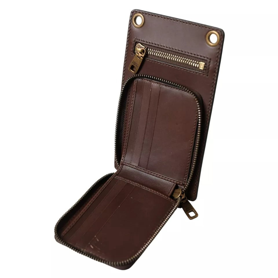 Dolce & Gabbana Brown Calf Leather Zip Logo Shoulder Neck Strap Wallet - ACCEXO