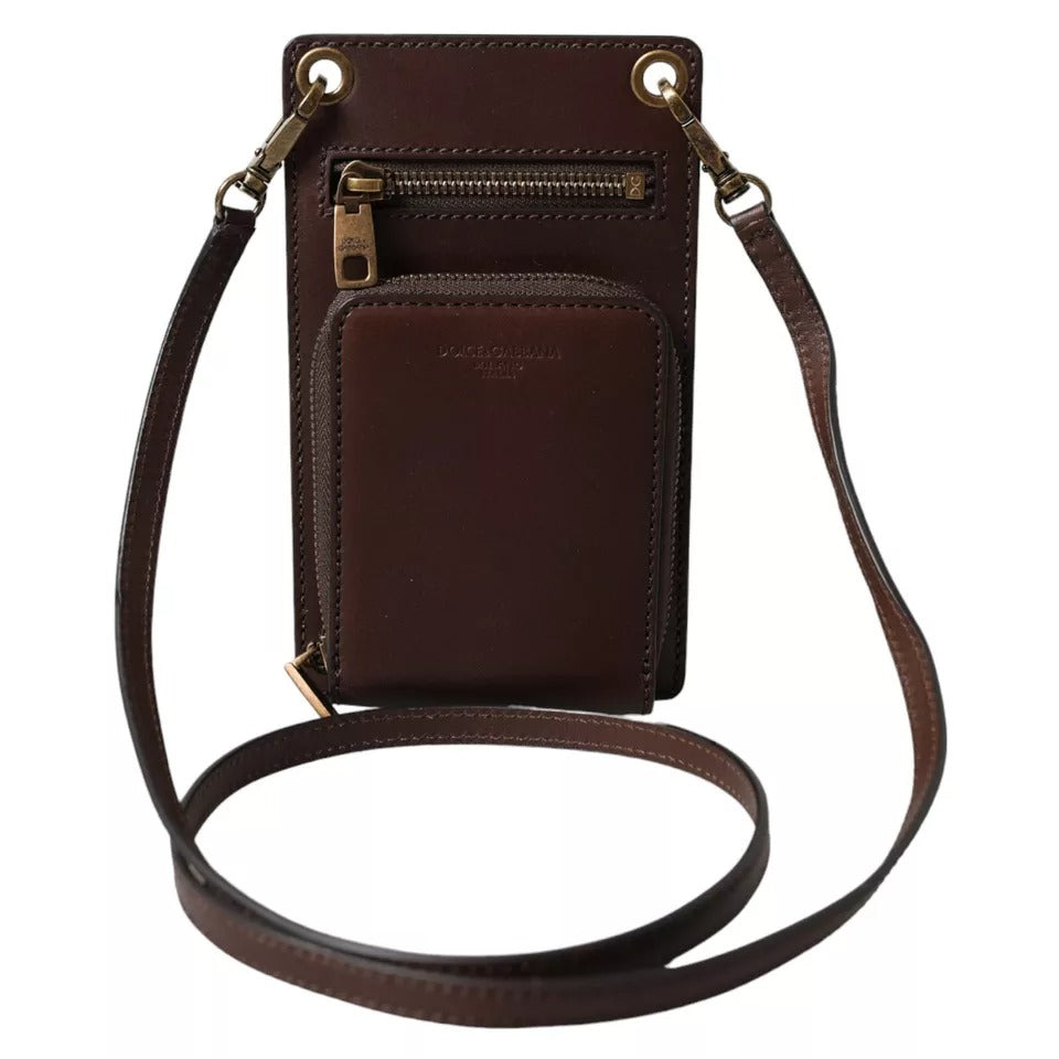 Dolce & Gabbana Brown Calf Leather Zip Logo Shoulder Neck Strap Wallet - ACCEXO