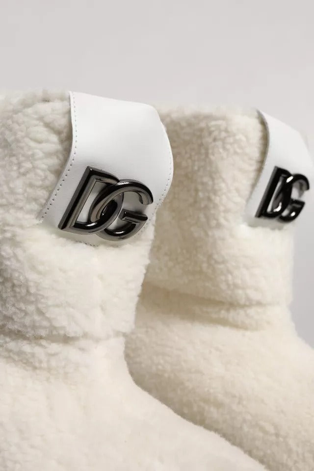 Dolce & Gabbana White Plush Logo Padded Mid Calf Boots Shoes