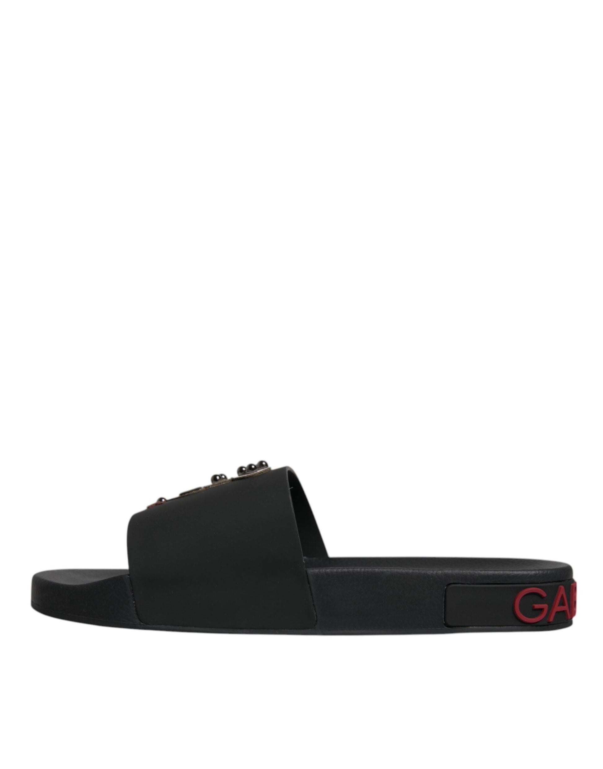 Dolce & Gabbana Black Leather Slides Sandals Beachwear Shoes - ACCEXO