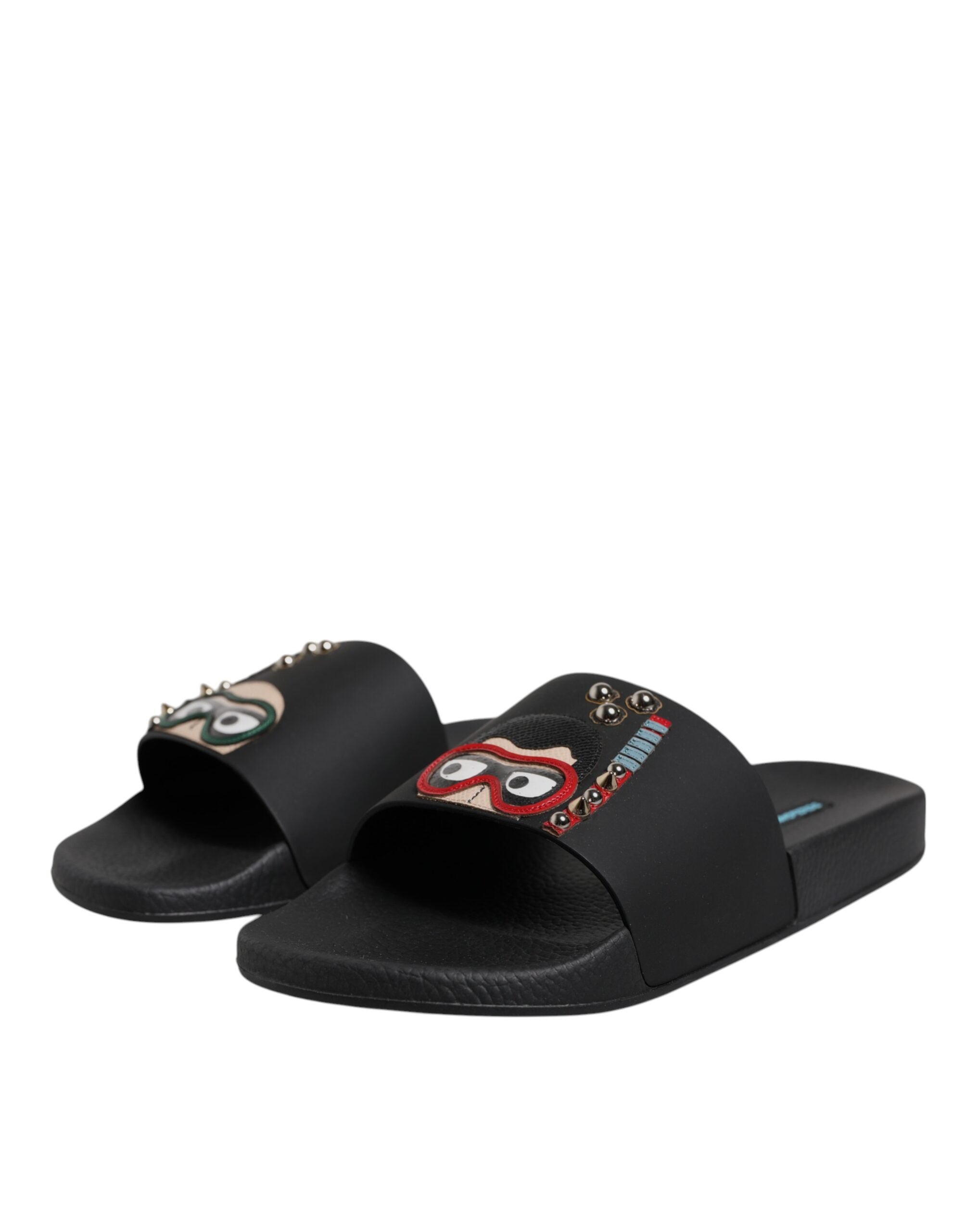 Dolce & Gabbana Black Divers Leather Flats Slides Sandals Beachwear Shoes for Men