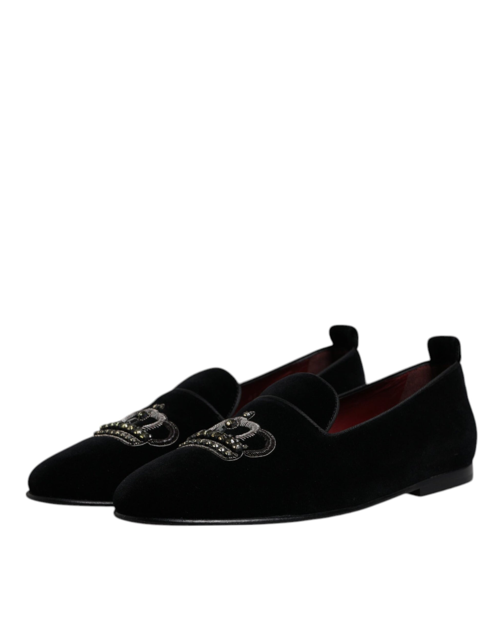 Dolce & Gabbana Black Velvet Crystal Crown Loafers Formal Dress Shoes - ACCEXO