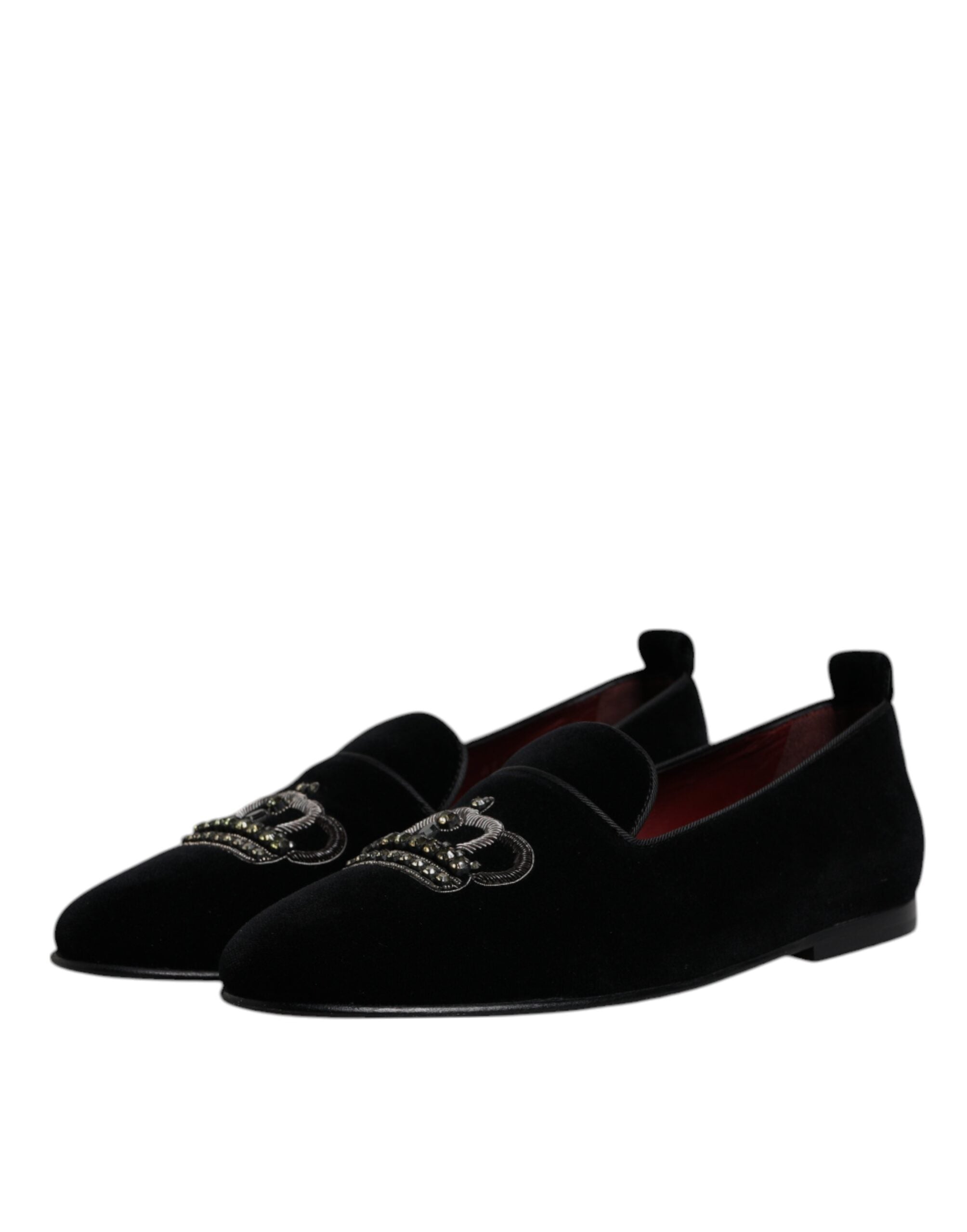 Dolce & Gabbana Black Velvet Crystal Crown Loafers Formal Dress Shoes - ACCEXO