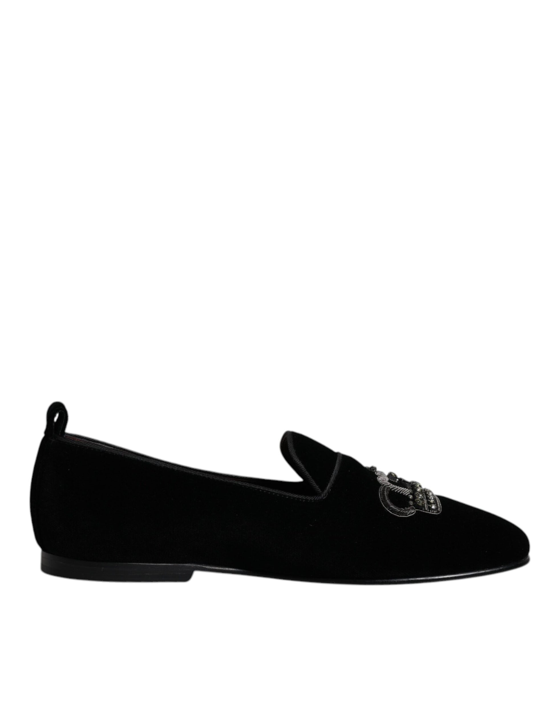 Dolce & Gabbana Black Velvet Crystal Crown Loafers Formal Dress Shoes - ACCEXO