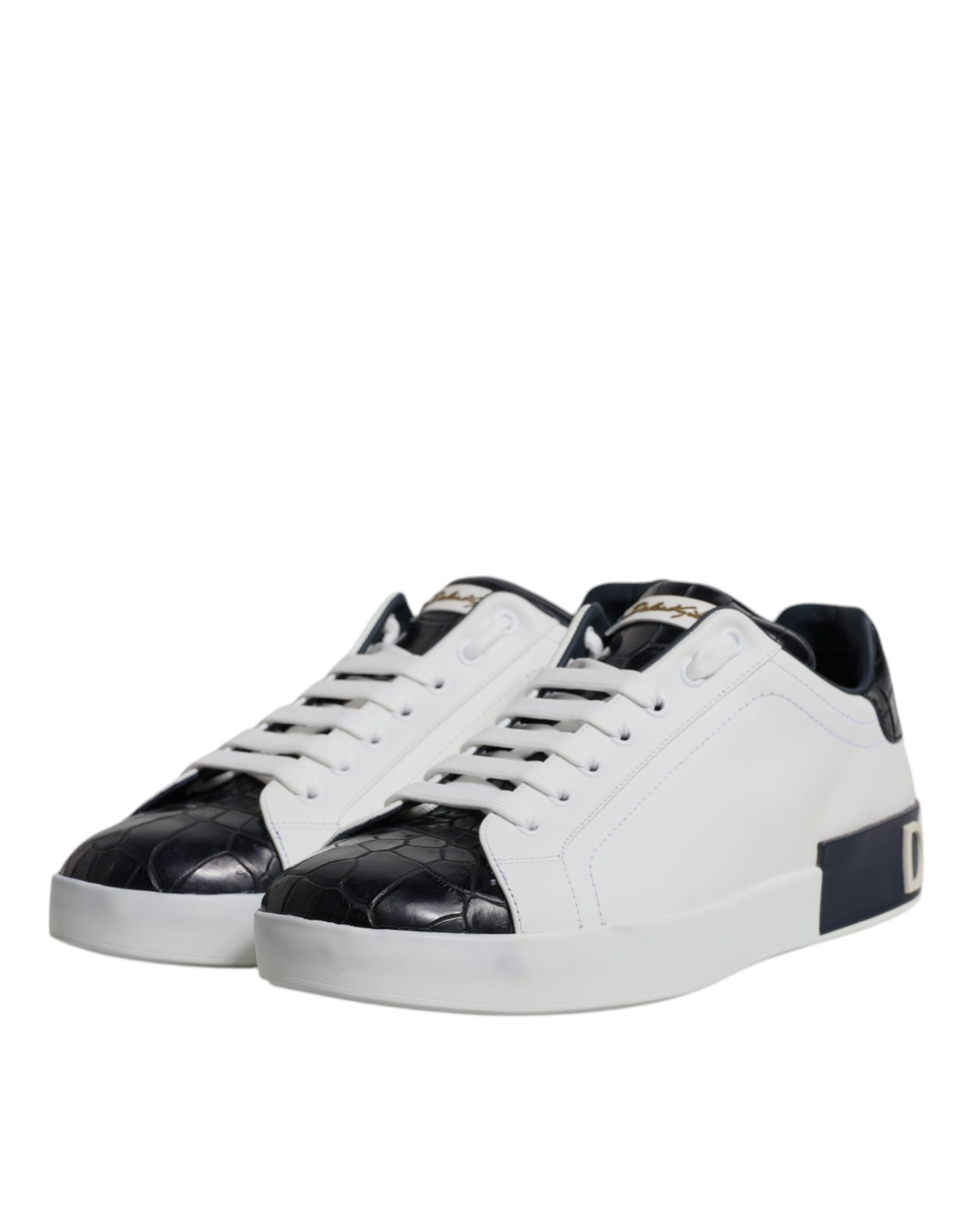 Dolce & Gabbana White Black Leather Portofino Sneakers Shoes - ACCEXO