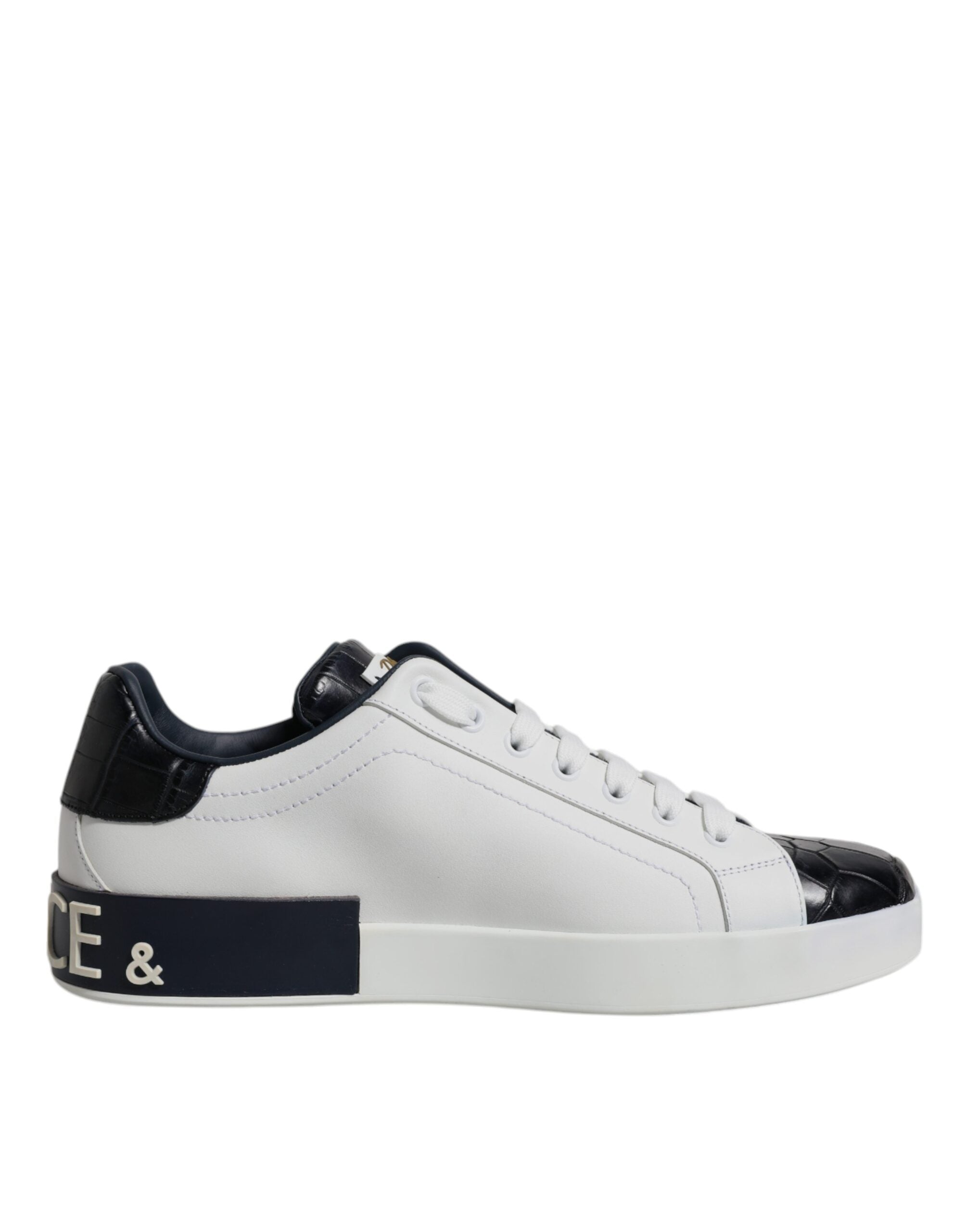 Dolce & Gabbana White Black Leather Portofino Sneakers Shoes - ACCEXO