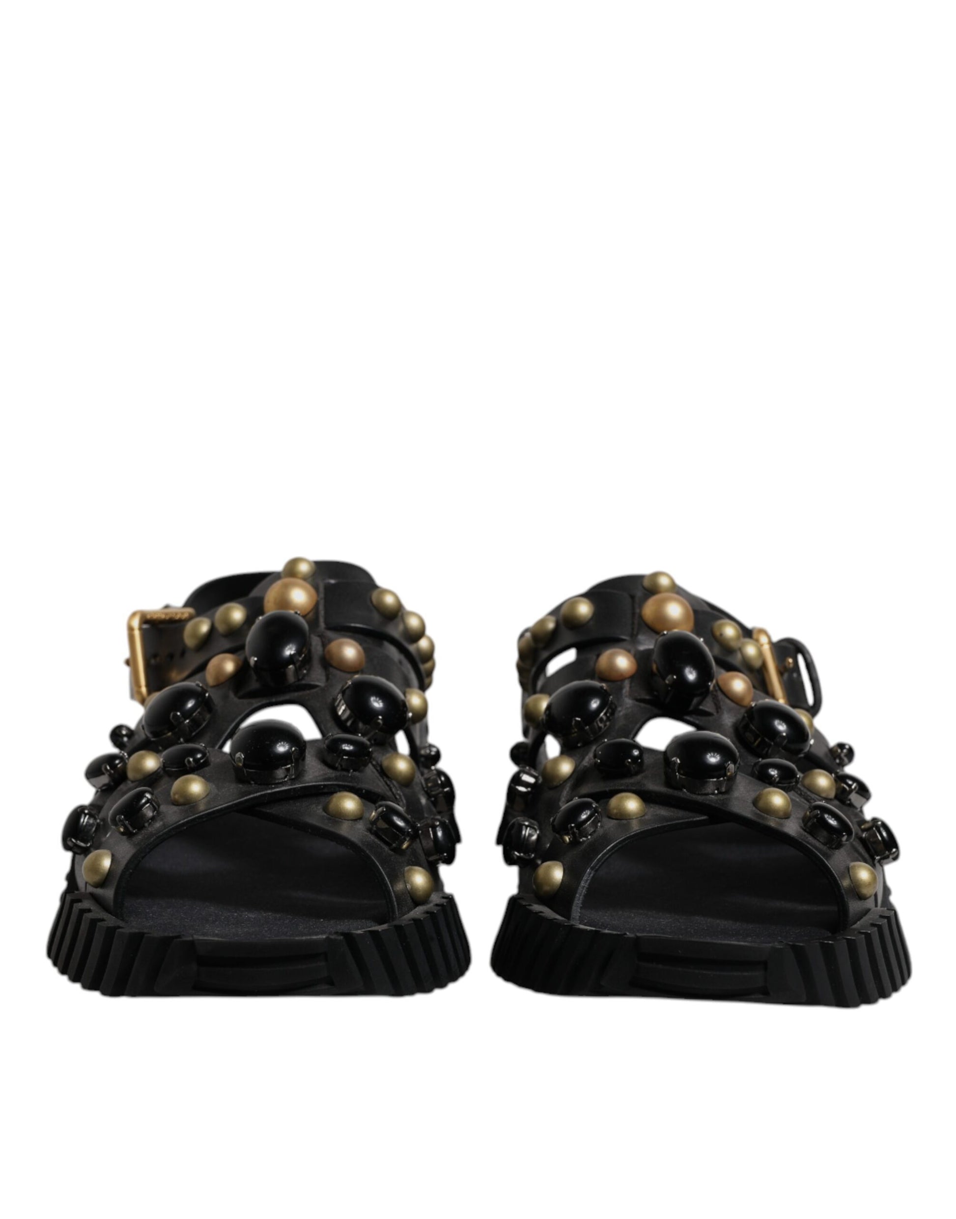 Dolce & Gabbana Black Leather Studded Slides Sandals Shoes - ACCEXO