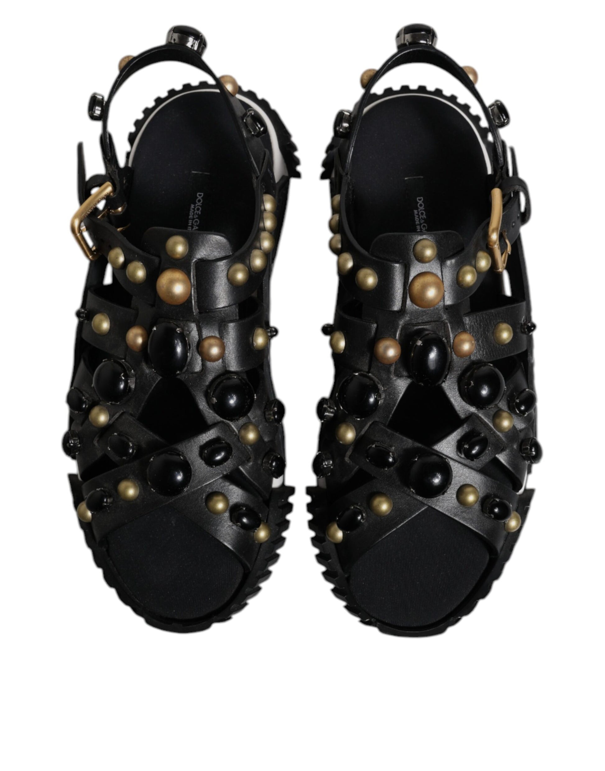 Dolce & Gabbana Black Leather Studded Slides Sandals Shoes - ACCEXO