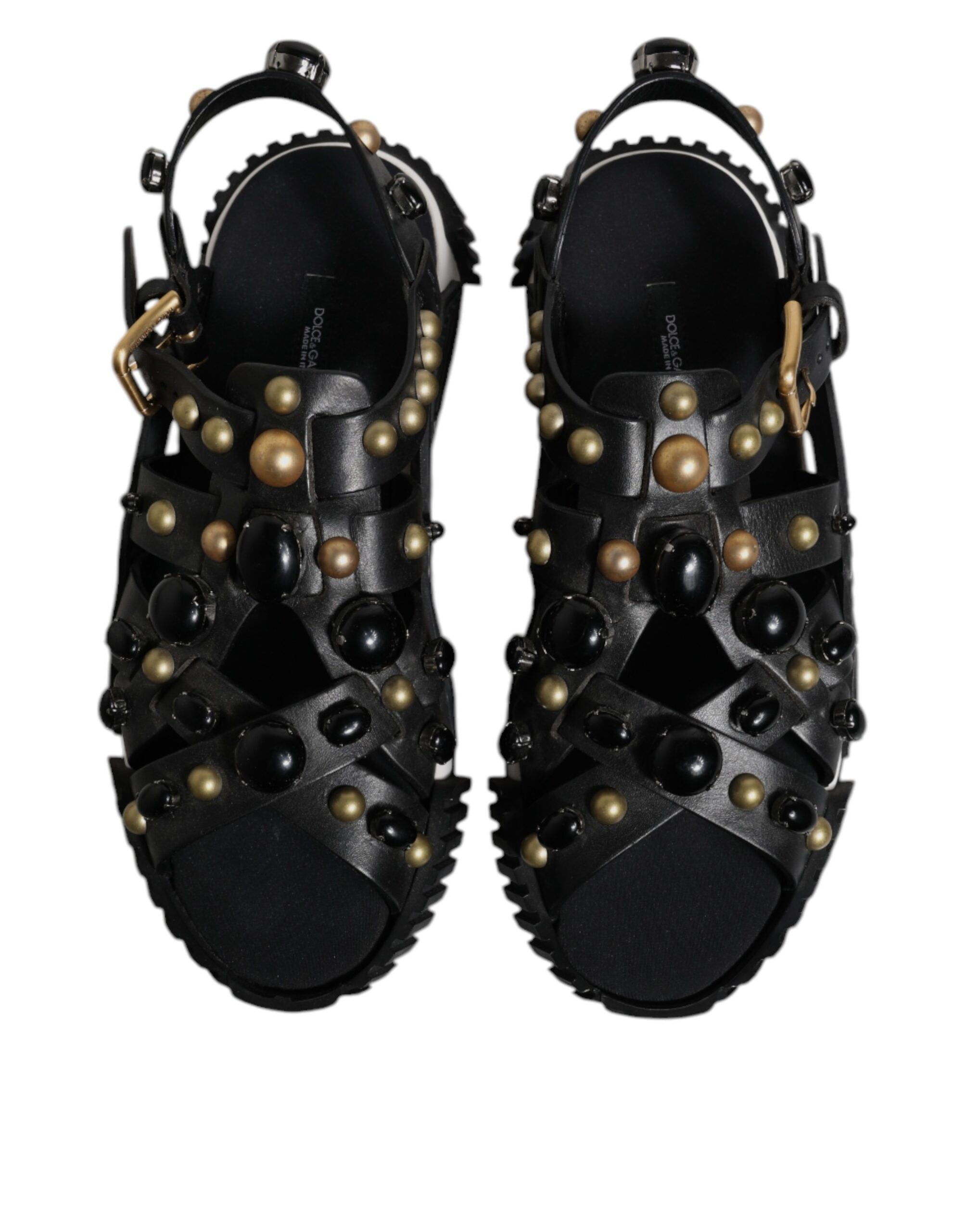 Dolce & Gabbana Black Leather Studded Slides Sandals Shoes - ACCEXO
