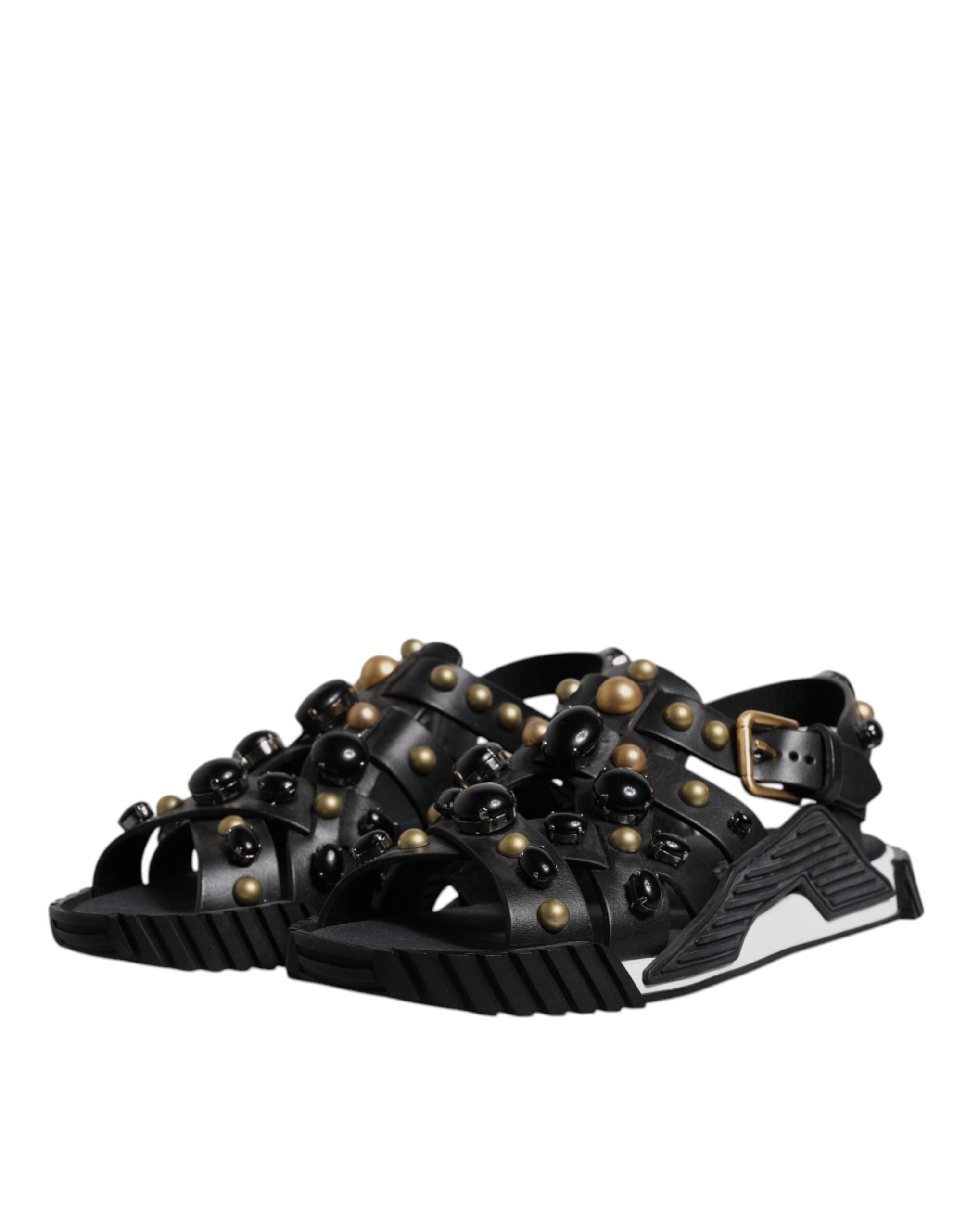 Dolce & Gabbana Black Leather Studded Slides Sandals Shoes - ACCEXO
