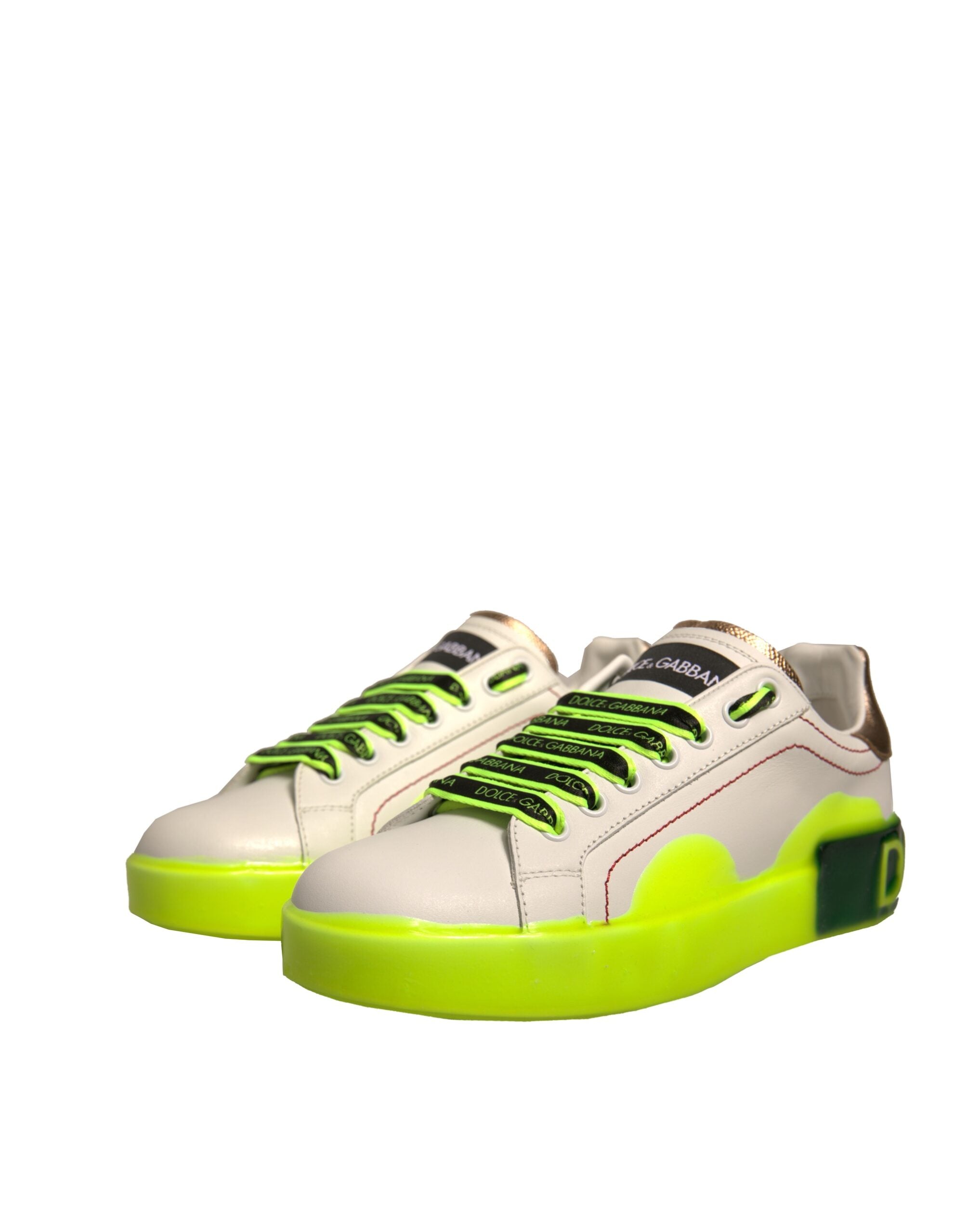 Dolce & Gabbana White Yellow Portofino Leather Sneakers Shoes - ACCEXO