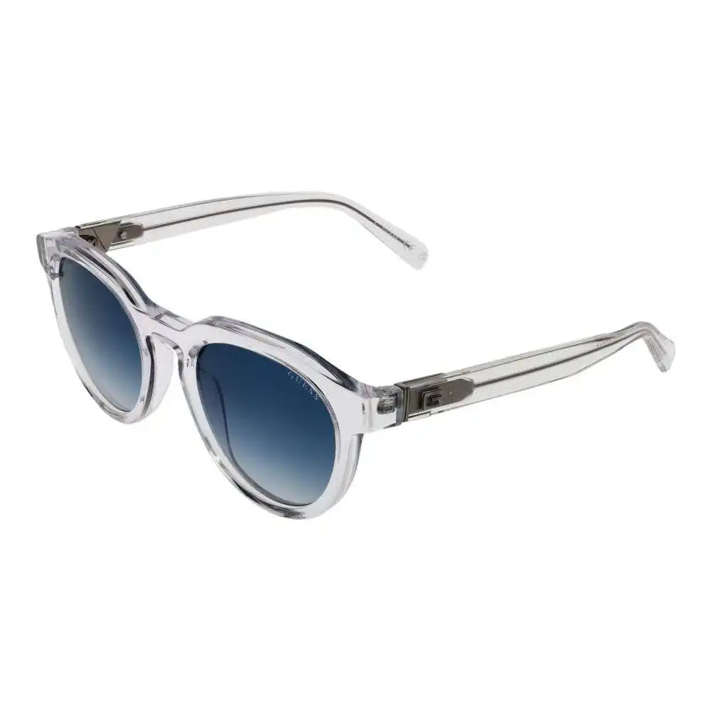 Clear frame sunglasses with blue gradient lenses on a white background