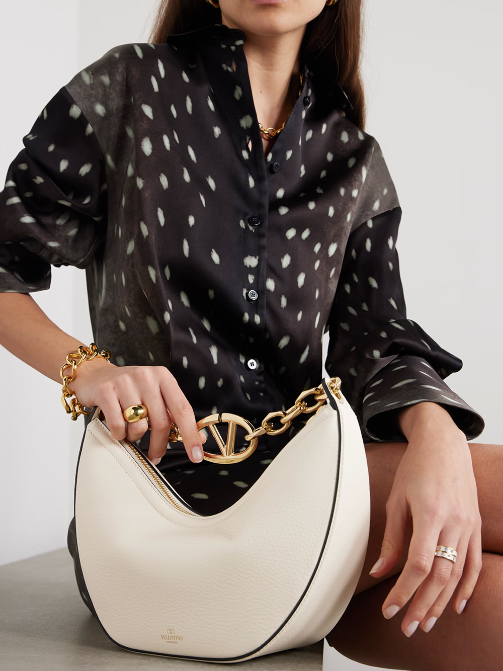 Valentino Garavani Ivory Leather Small Hobo Vlogo Shoulder Bag - ACCEXO