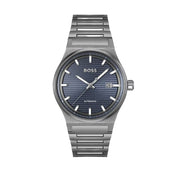 Silver BOSS watch with blue dial on a white background