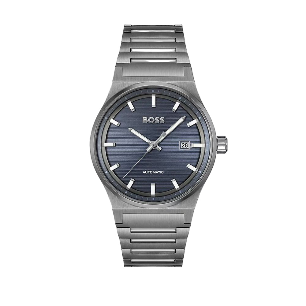 Silver BOSS watch with blue dial on a white background