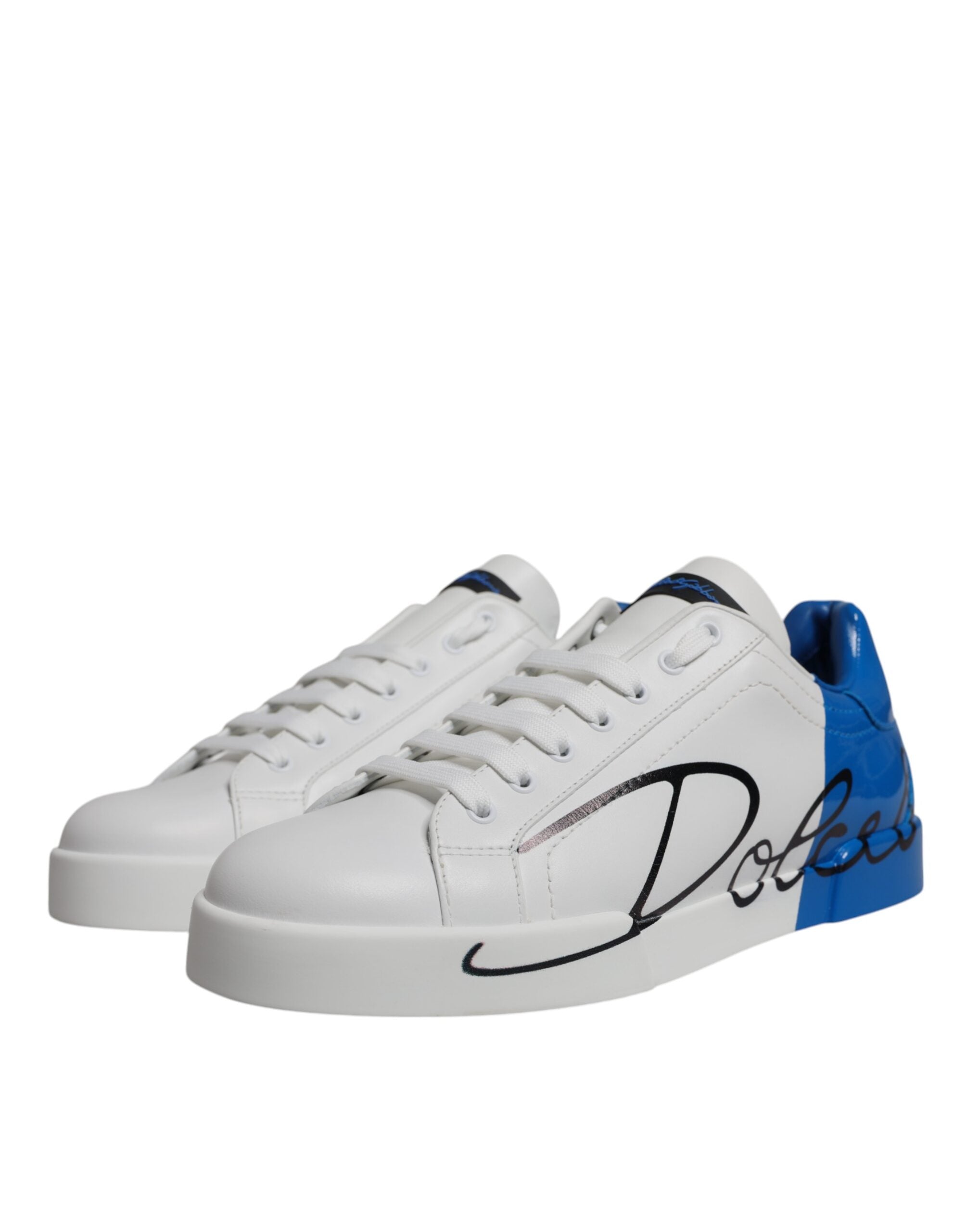 Dolce & Gabbana White Blue Leather Logo Low Top Sneakers Shoes - ACCEXO