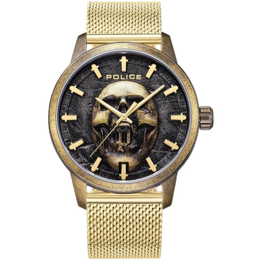 Gold Police watch with skull design on the face against a white background