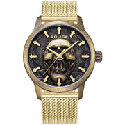 Gold Police watch with skull design on the face against a white background