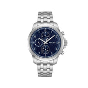 Silver watch with a blue dial on a white background