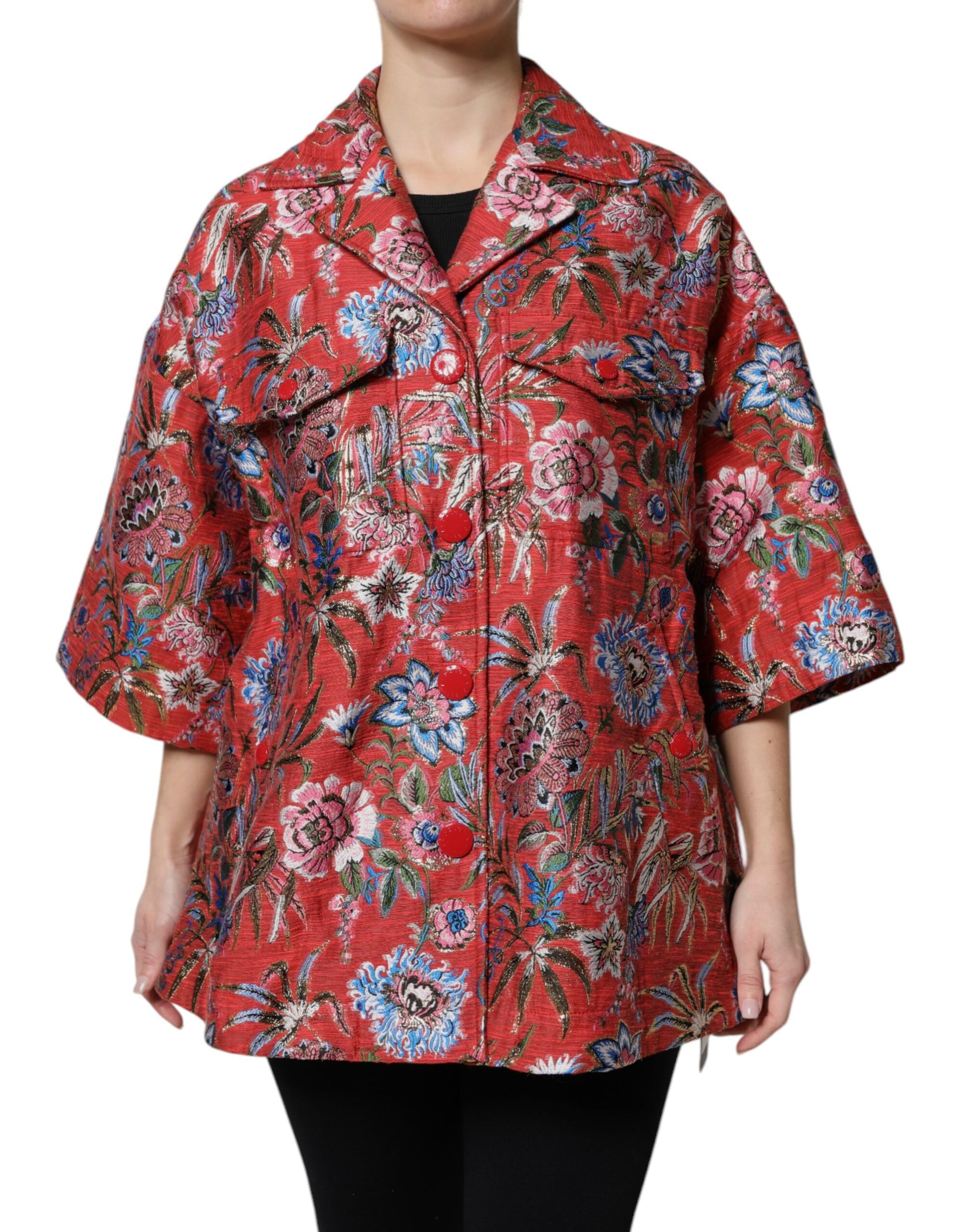 Dolce & Gabbana Red Floral Jacquard Button Down Coat Jacket - ACCEXO
