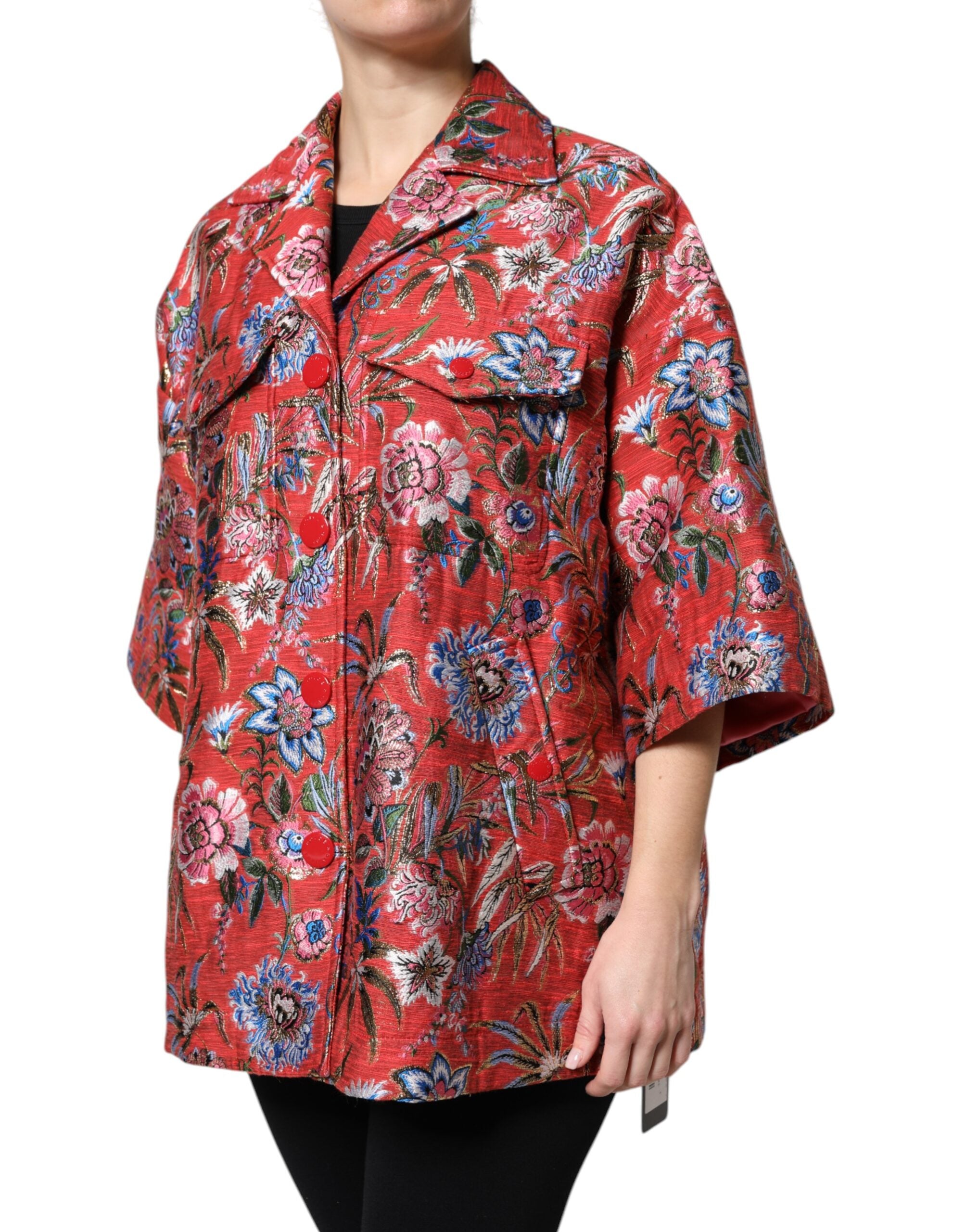 Dolce & Gabbana Red Floral Jacquard Button Down Coat Jacket - ACCEXO