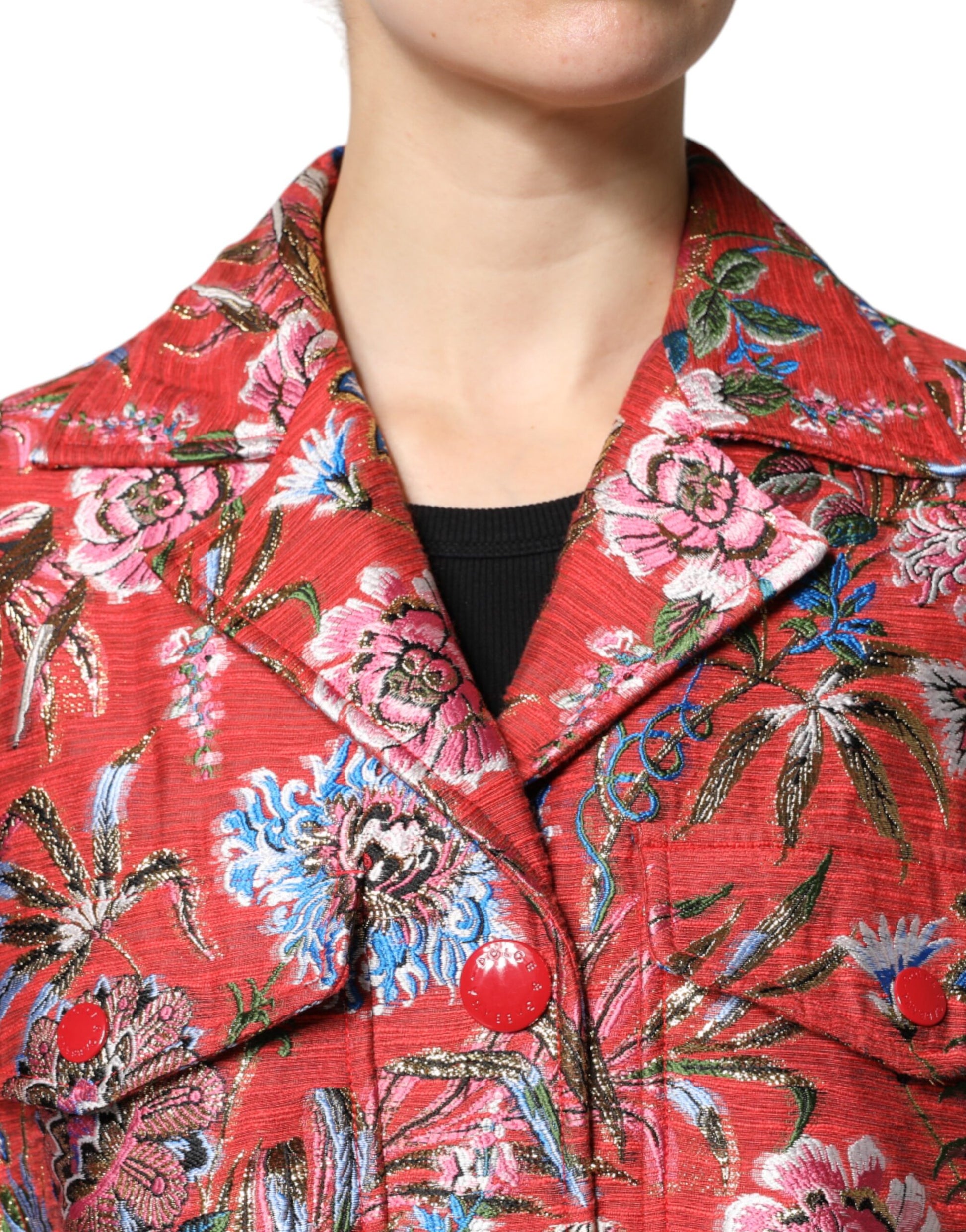 Dolce & Gabbana Red Floral Jacquard Button Down Coat Jacket - ACCEXO