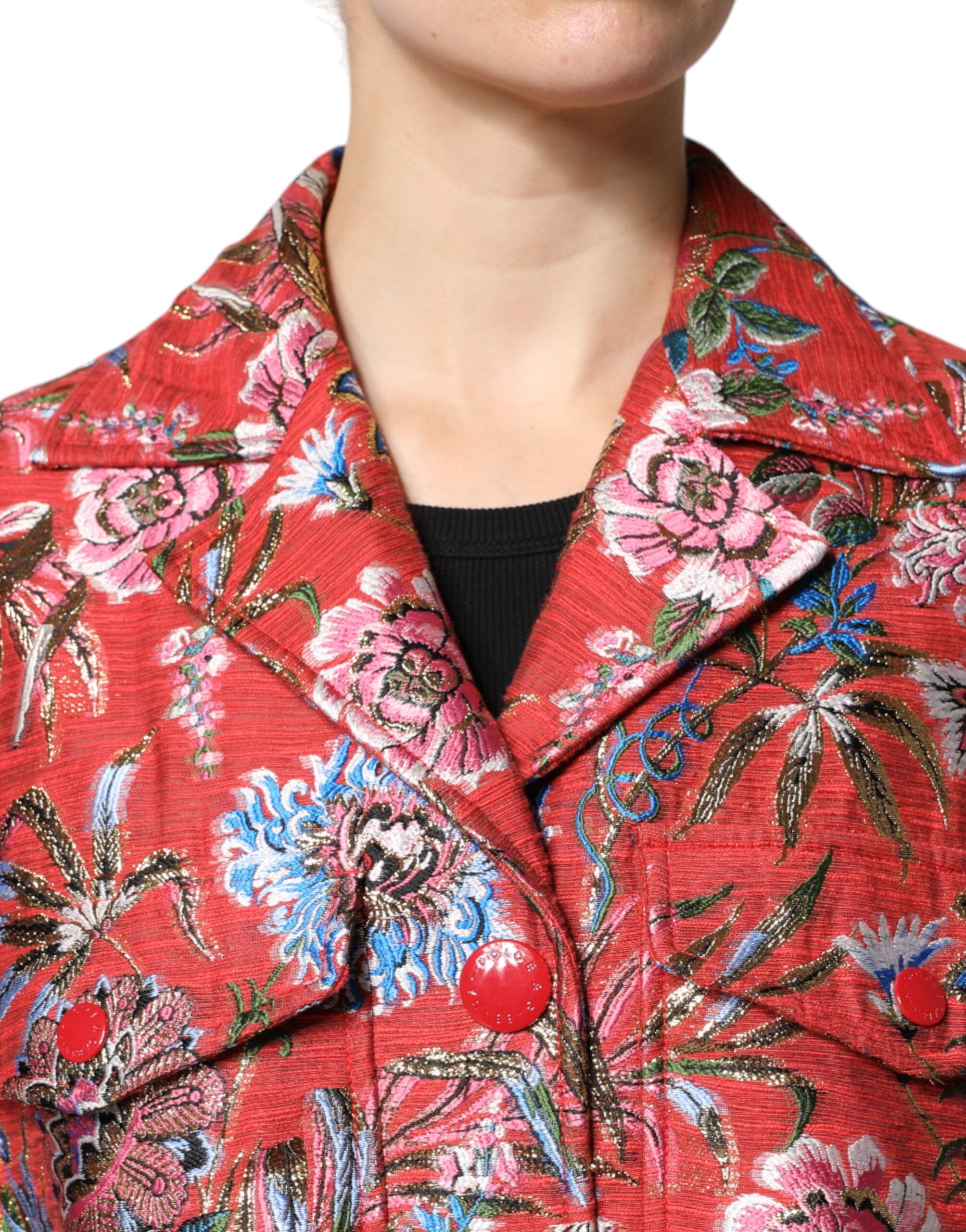 Dolce & Gabbana Red Floral Jacquard Button Down Coat Jacket - ACCEXO