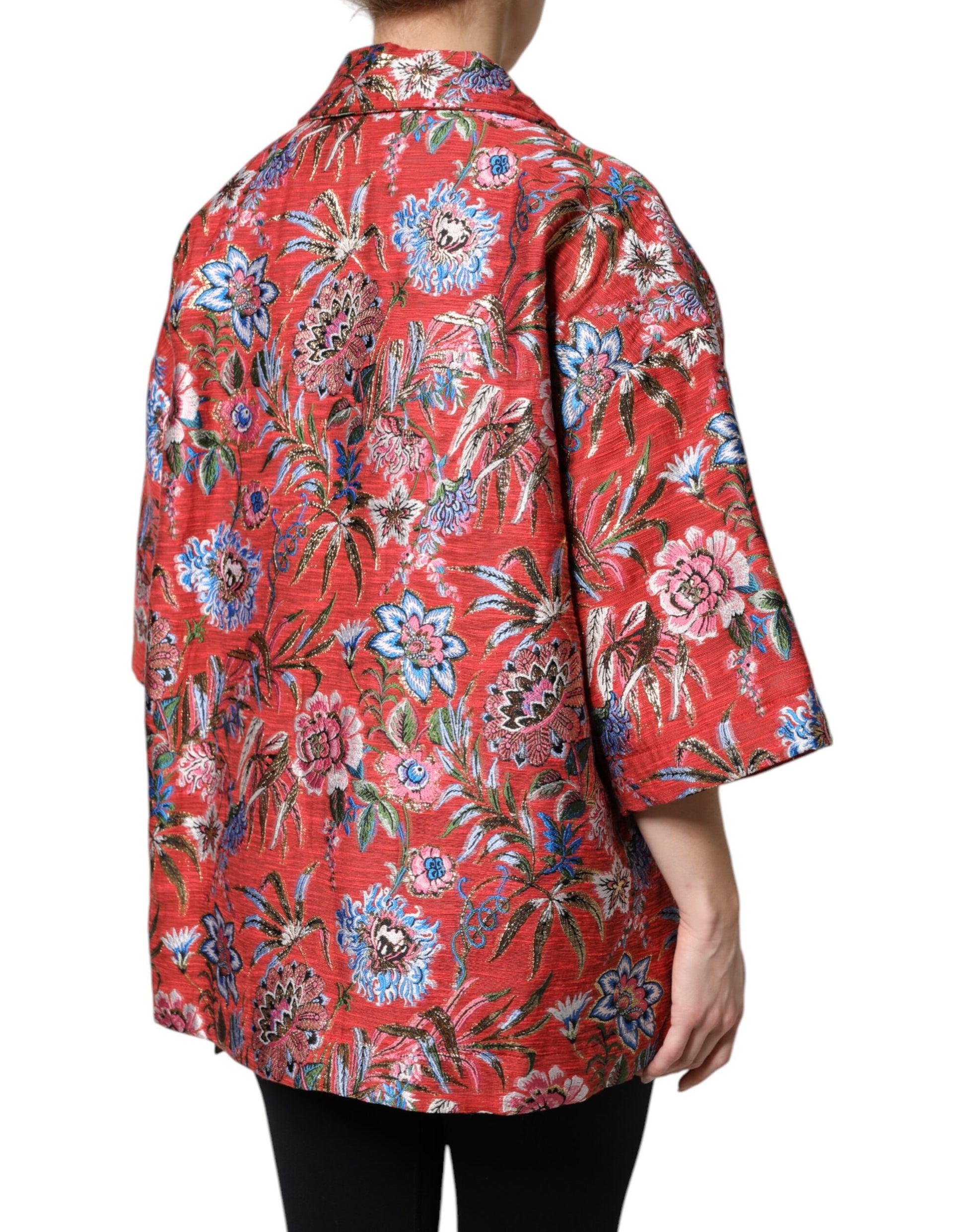 Dolce & Gabbana Red Floral Jacquard Button Down Coat Jacket - ACCEXO