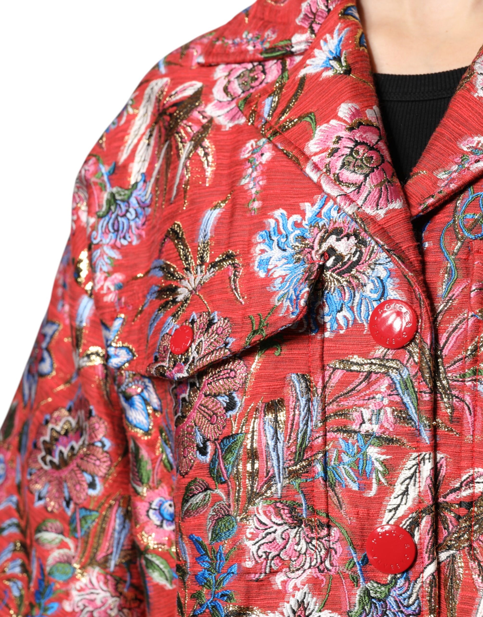 Dolce & Gabbana Red Floral Jacquard Button Down Coat Jacket - ACCEXO