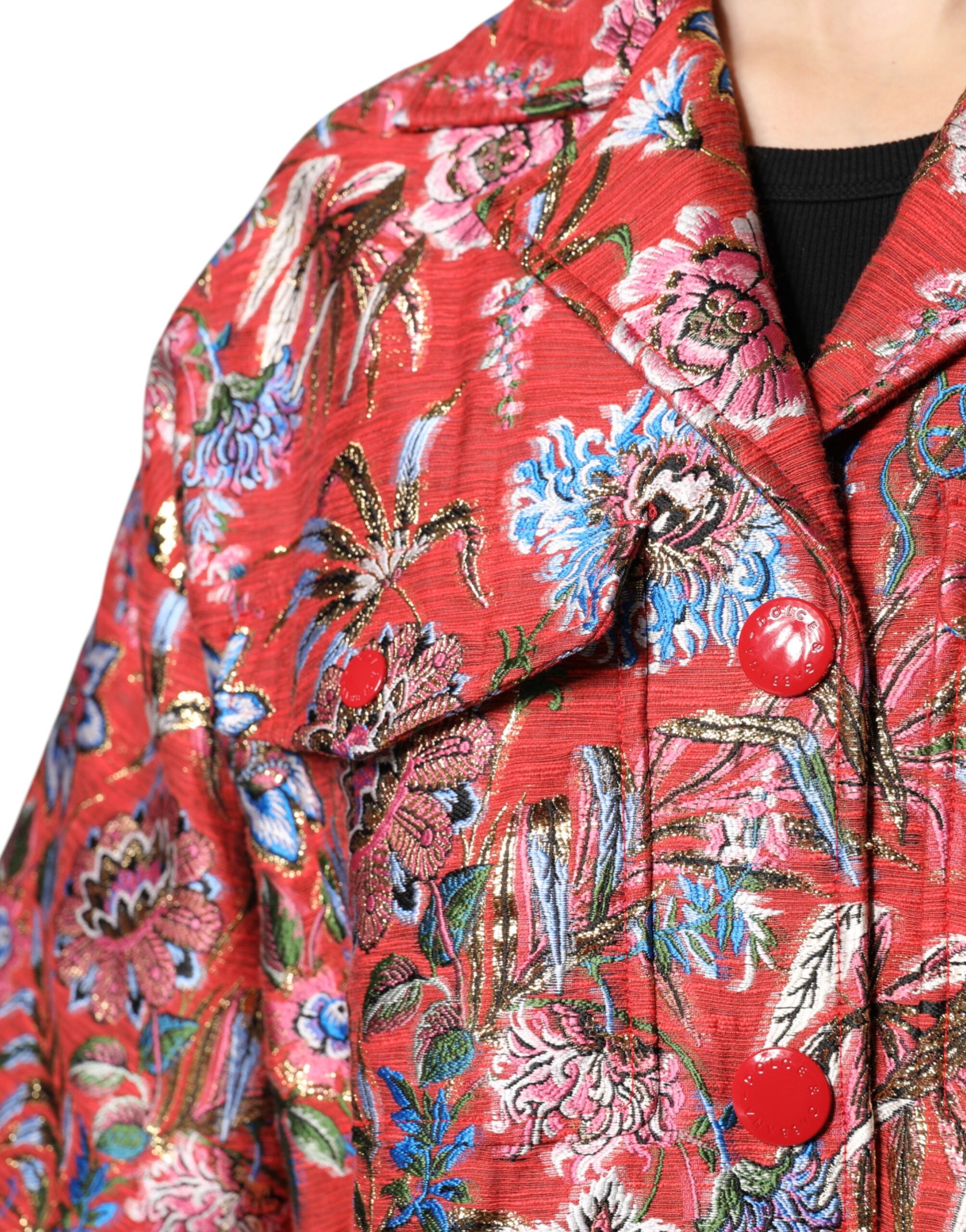 Dolce & Gabbana Red Floral Jacquard Button Down Coat Jacket - ACCEXO